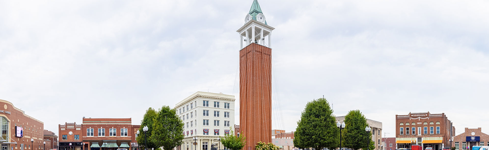 The clocktower at the Old Town Square in Marion, Illinois